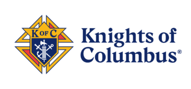 Knights of Columbus logo featuring a blue, gold, and red emblem with the text 'Knights of Columbus' beside it.